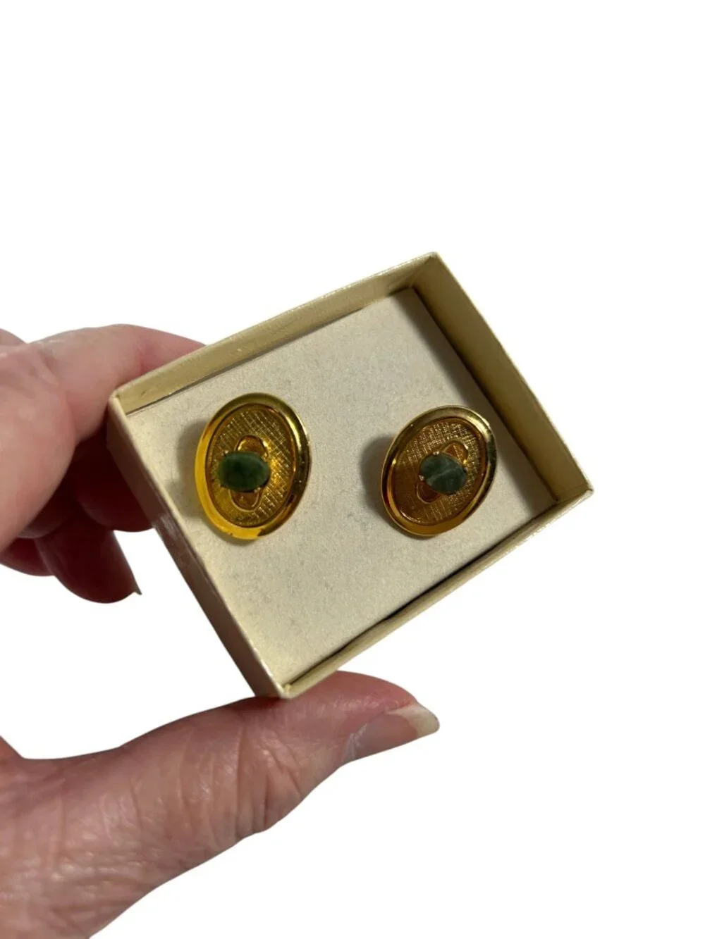 Vintage Sovereign House LTD Mens Cufflinks Cuff Links Gold Tone Green Cabochon